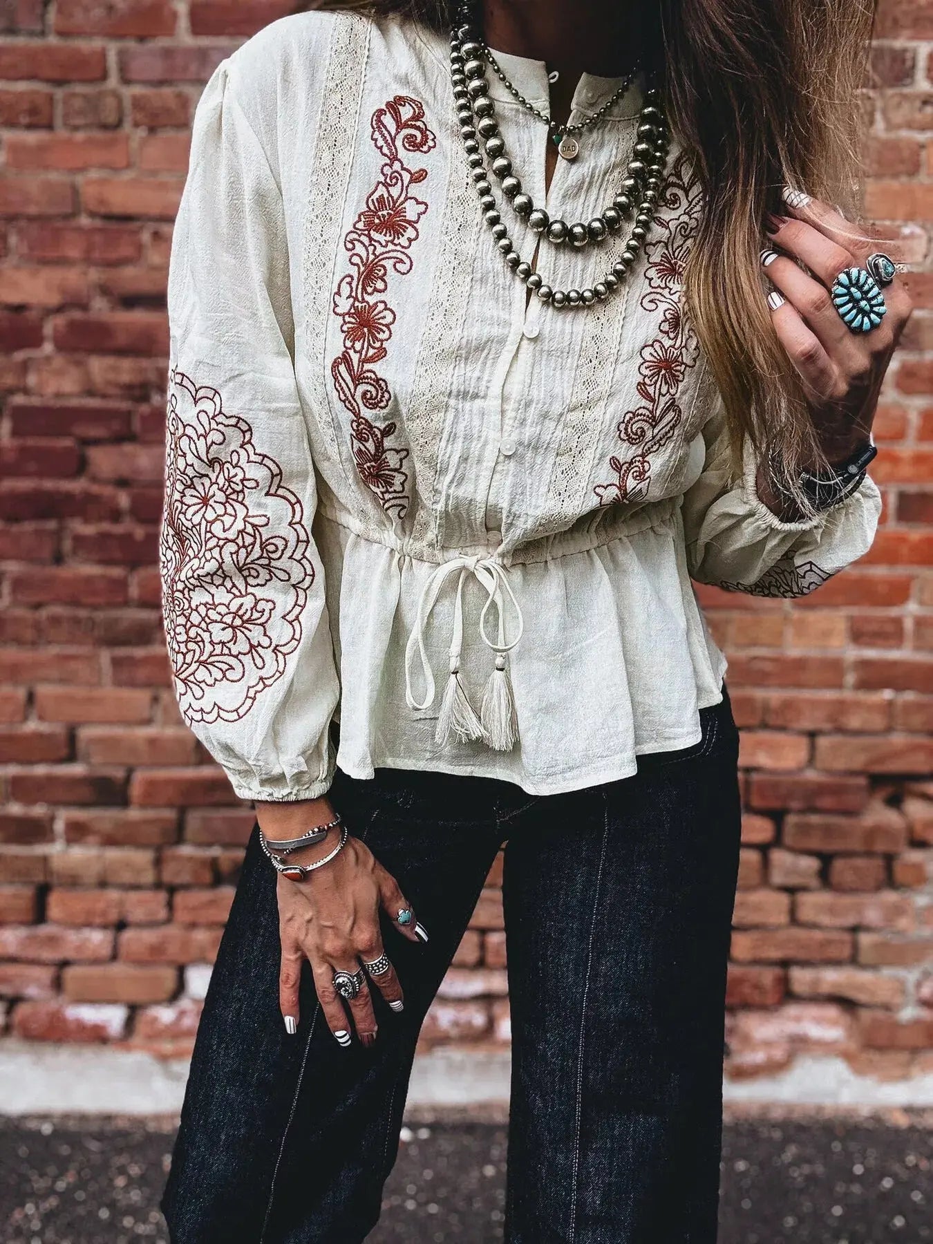 Embroidered Drawstring Waist Blouse Simply Love