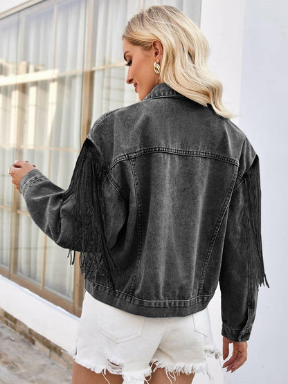 Tassel Accent Drop Sleeve Denim Jacket.