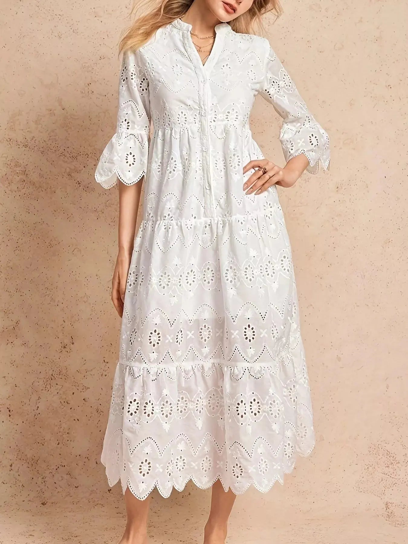 Eyelet Notched Tiered Midi Dress Simply Love