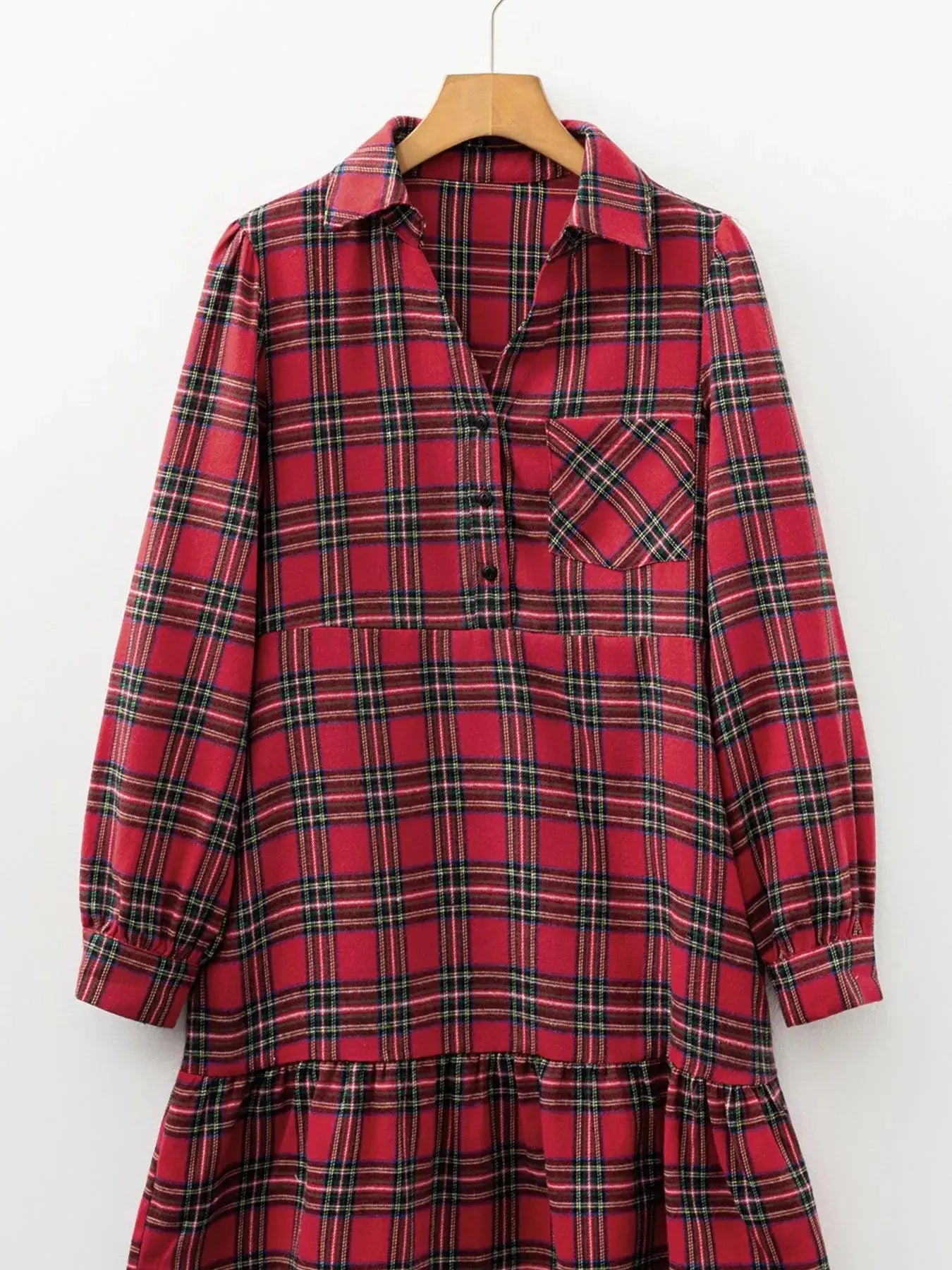 Plaid Shirt Collar Half Button Ruffle Hem Long Sleeve Mini Dress Simply Love