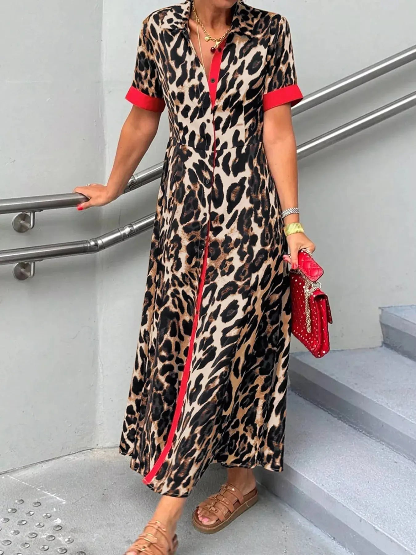 Leopard Print Button-Down Dress with Contrast Trim Simply Love