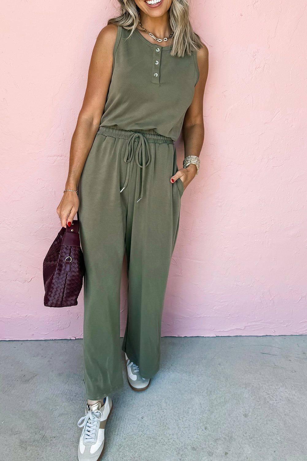 Vineyard Green Sleeveless Wide-Leg Jumpsuit with Drawstring Waist and Button Detail