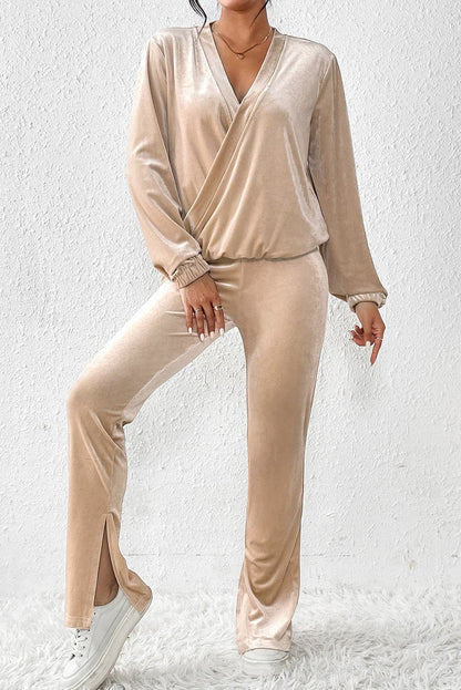 Surplice Long Sleeve Top and Slit Pants Set.