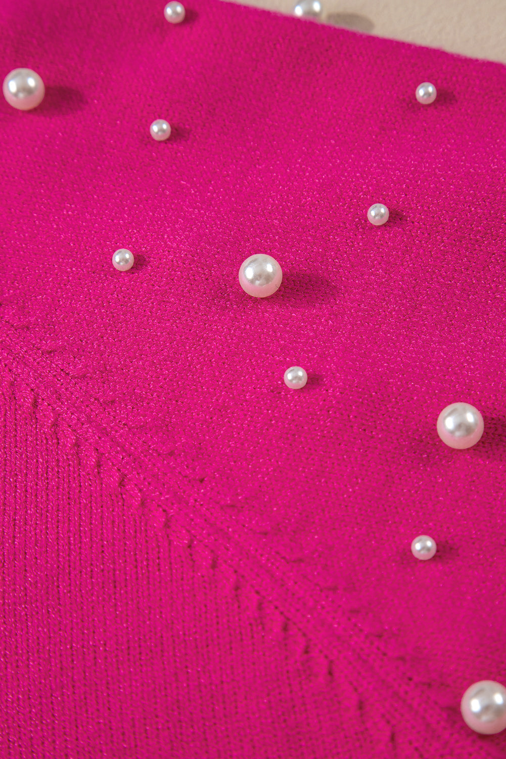 Chic strawberry pink plus size sweater with pearl accents and raglan sleeves