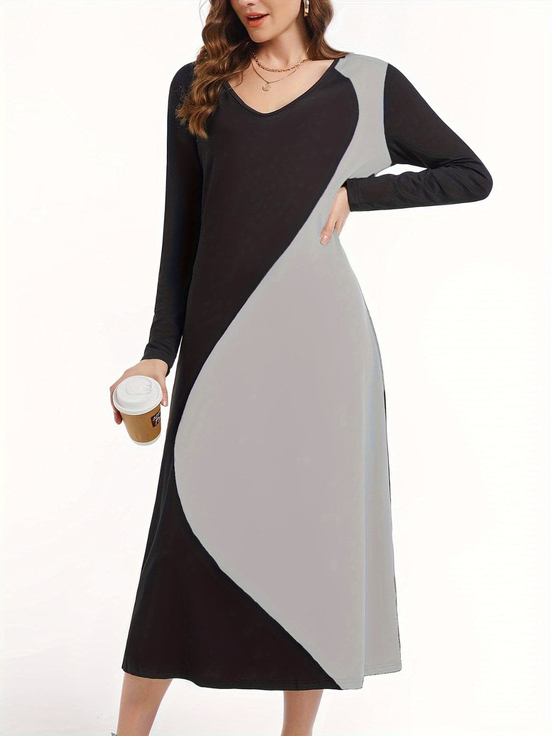 Contrast Long Sleeve Midi Dress.