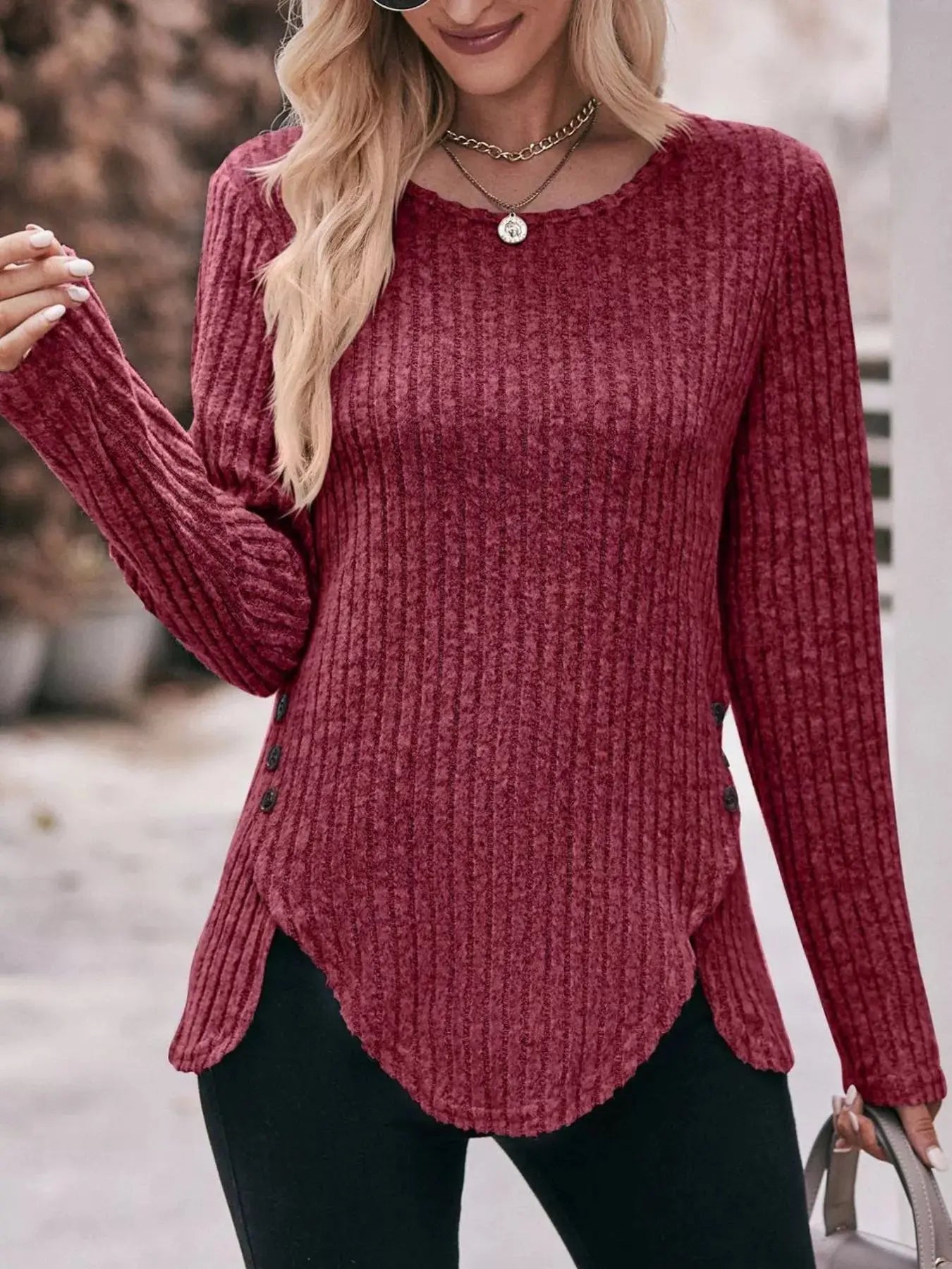 Ribbed Knit Long Sleeve T-Shirt Simply Love