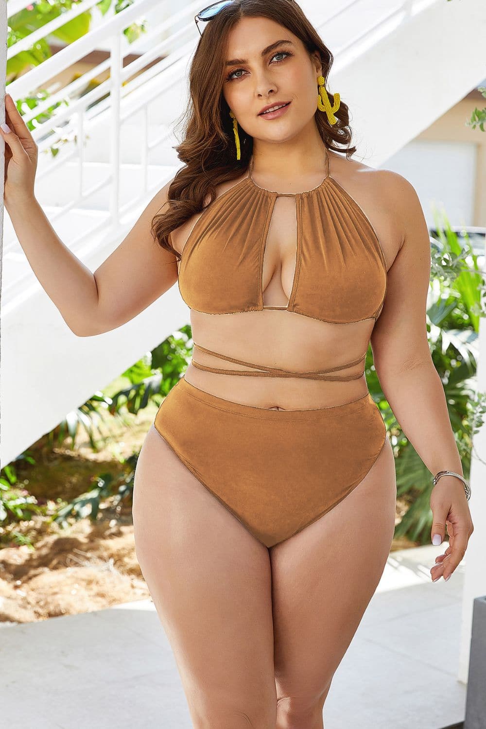 Plus Size Cutout Tied Backless Bikini Set.