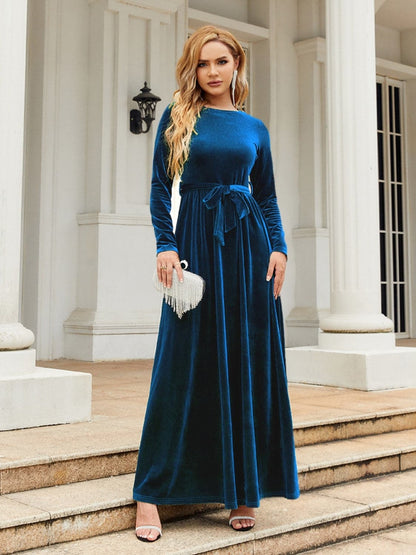 Tie Front Round Neck Long Sleeve Maxi Dress.