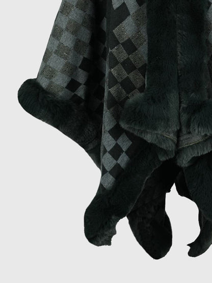 Checkered Faux Fur Trim Poncho.