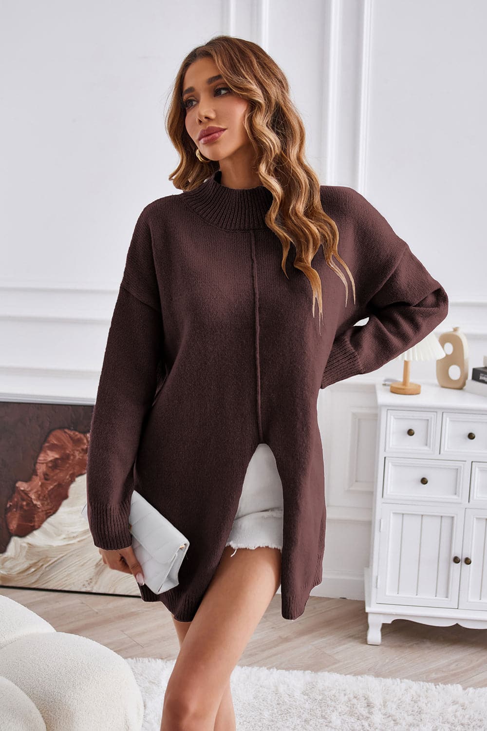 Exposed Seam Mock Neck Slit Sweater.