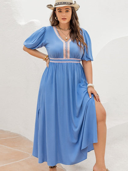 Plus Size Slit V-Neck Short Sleeve Dress.