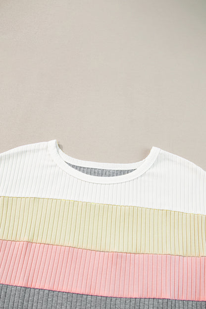 Chic gray ribbed color block tee with stylish patchwork design