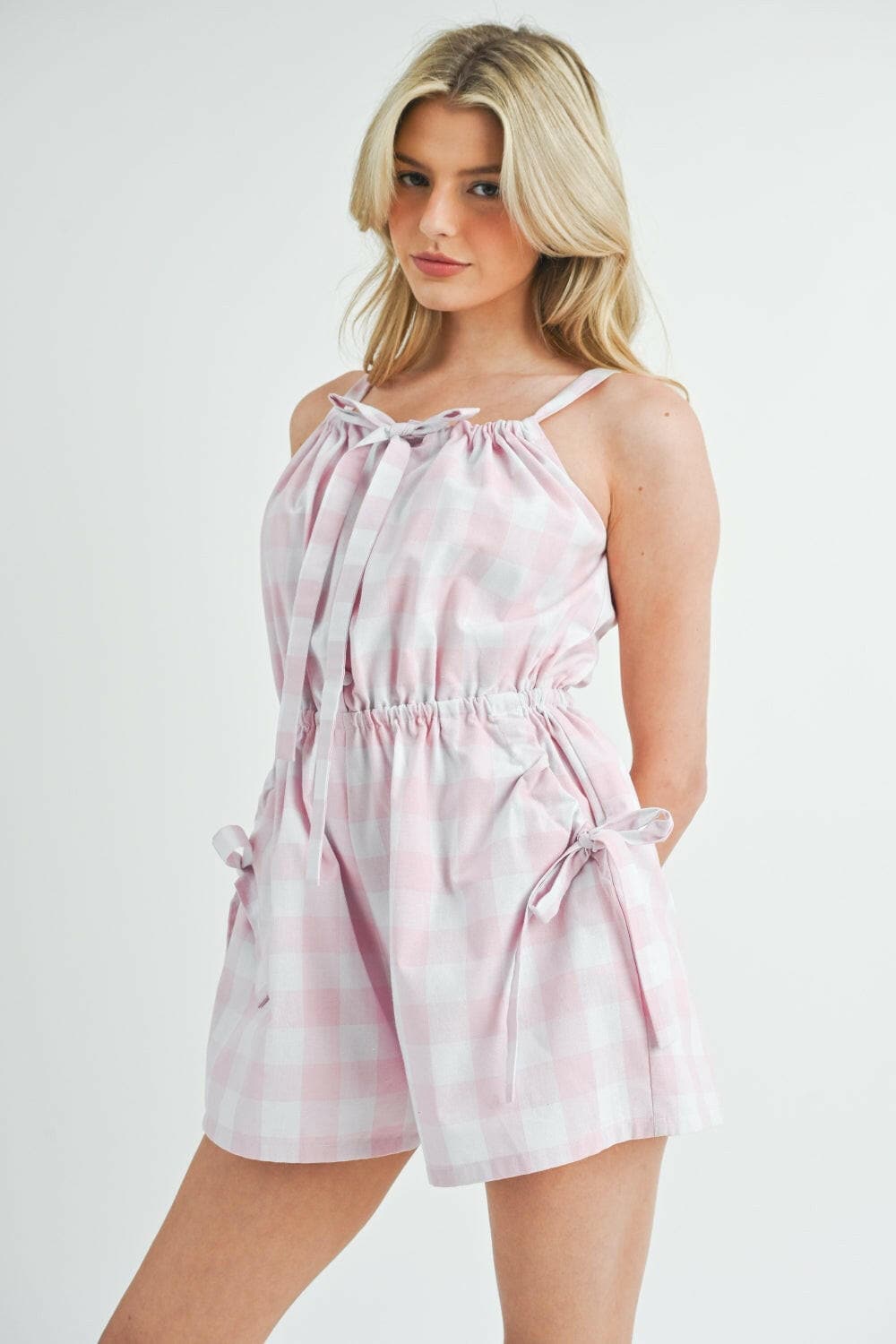 MABLE Plaid Sleeveless Button Down Romper.