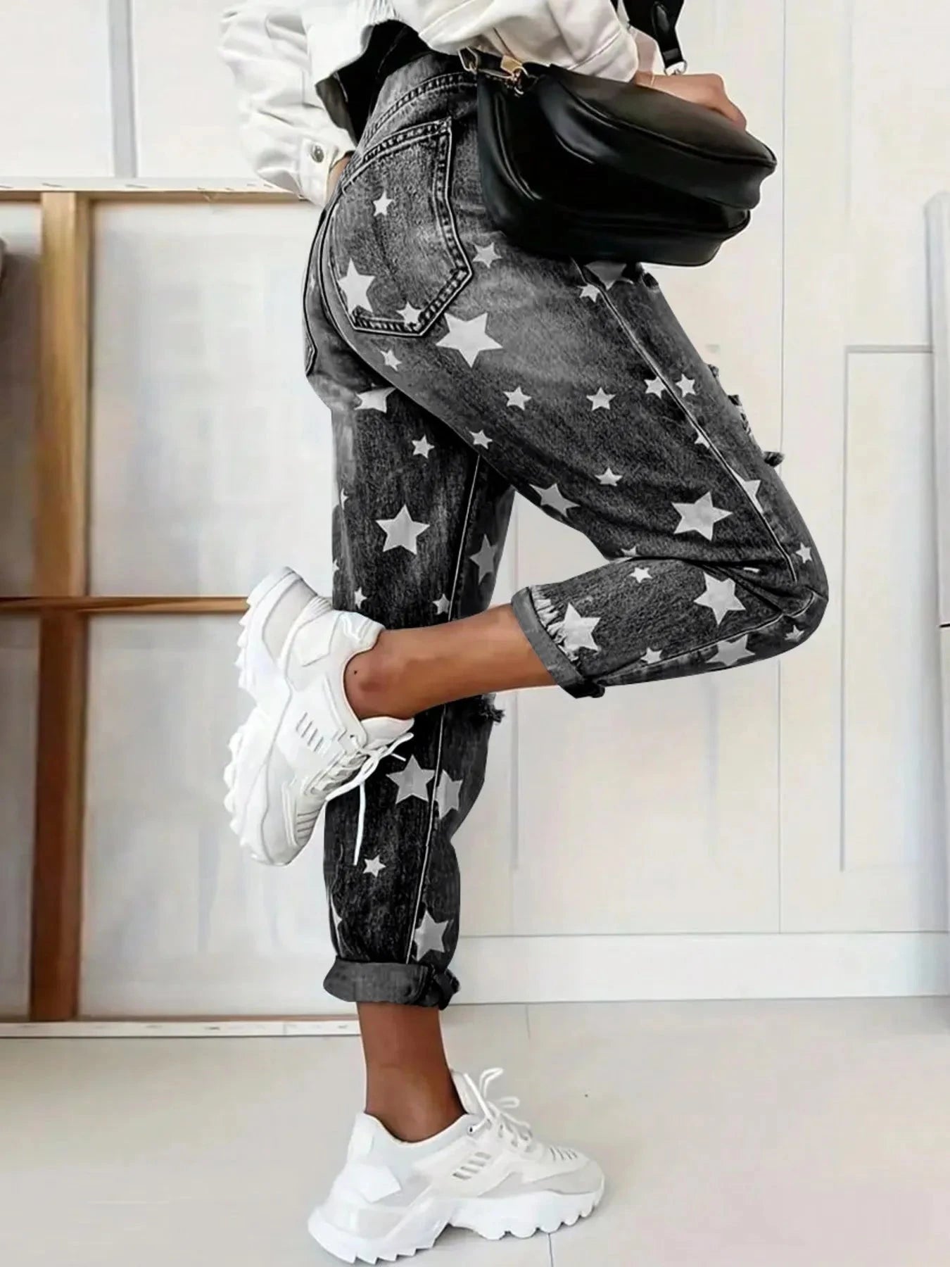 Star Print Distressed High Waist Boyfriend Jeans Coco’s Tee Boutique