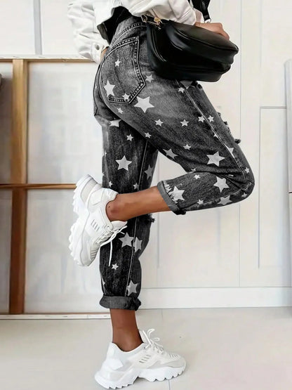 Star Print Distressed High Waist Boyfriend Jeans