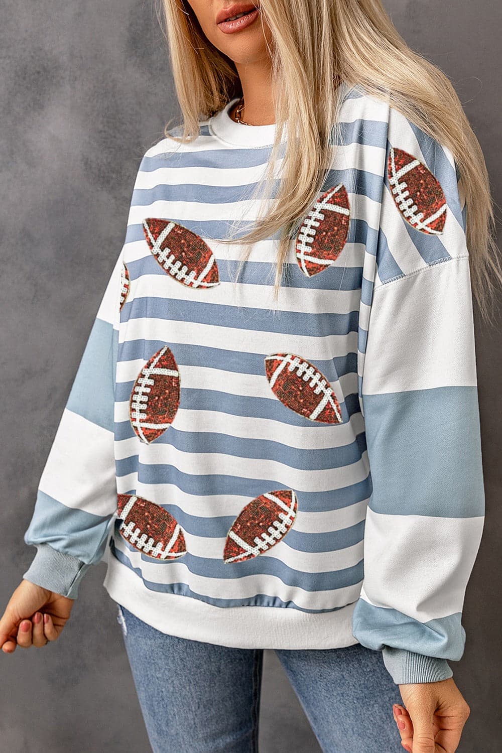 Football Striped Round Neck Long Sleeve Sweatshirt.