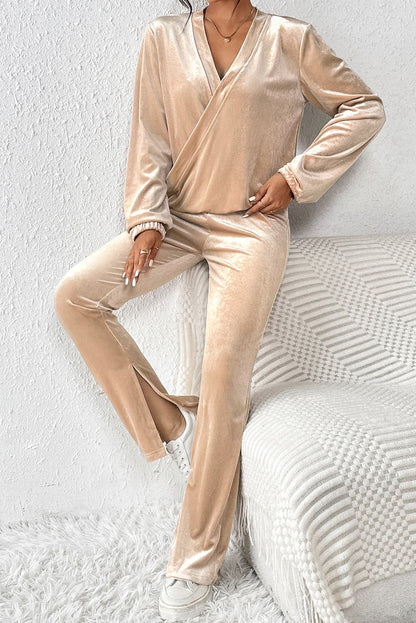 Surplice Long Sleeve Top and Slit Pants Set.