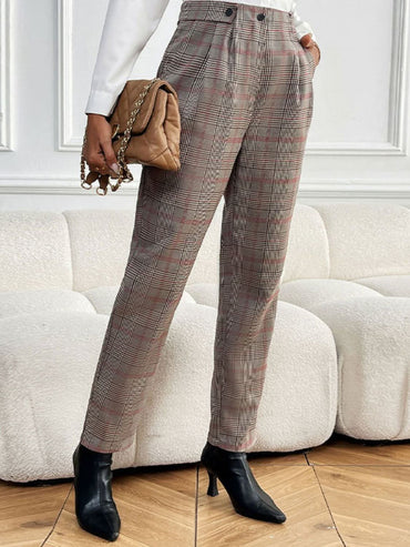 Chic plaid straight-leg pants with functional pockets