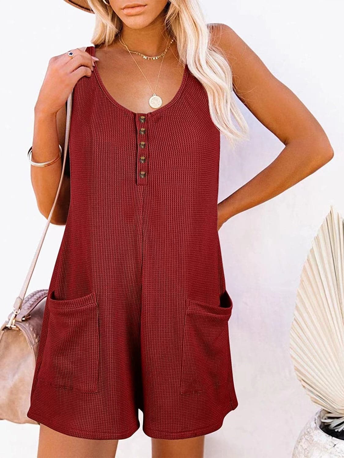 Full Size Pocketed Scoop Neck Sleeveless Romper.