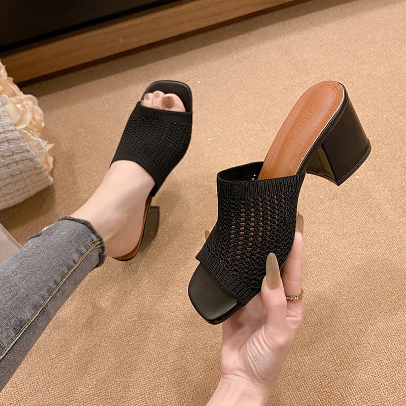 Block Heel Knit Sandals.