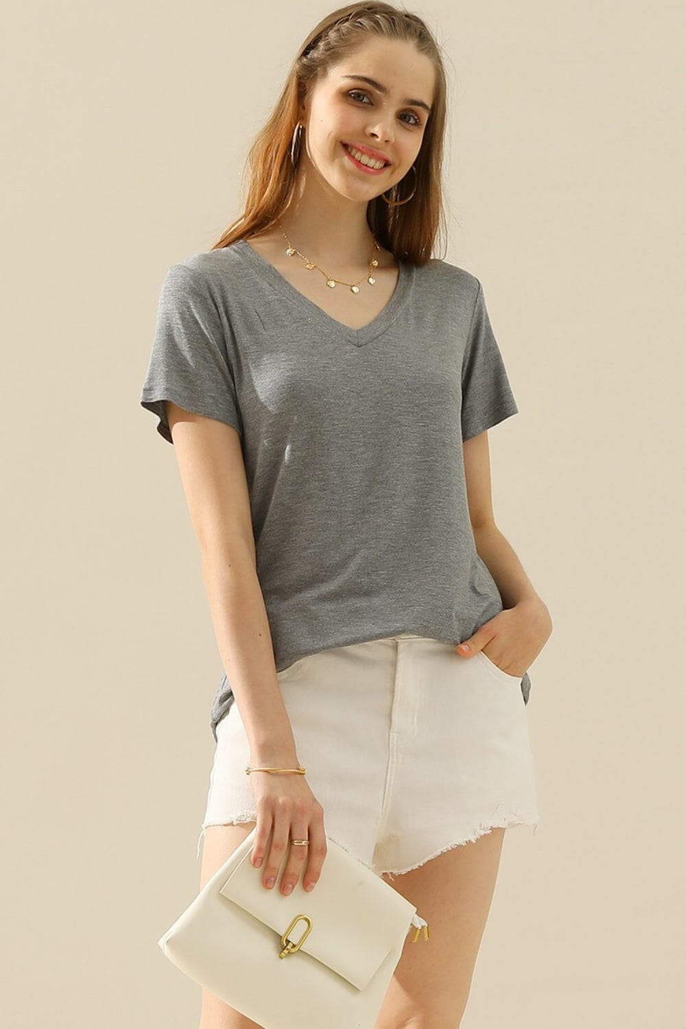 Ninexis Full Size V-Neck Short Sleeve T-Shirt.