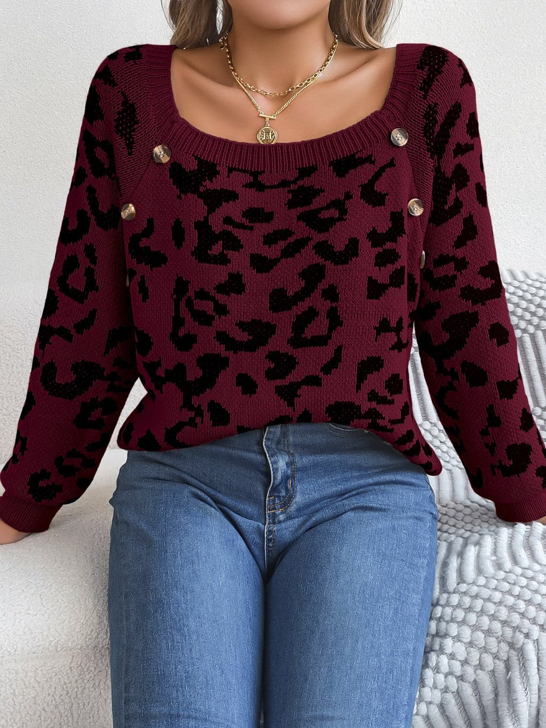 Leopard Buttoned Square Neck Sweater.