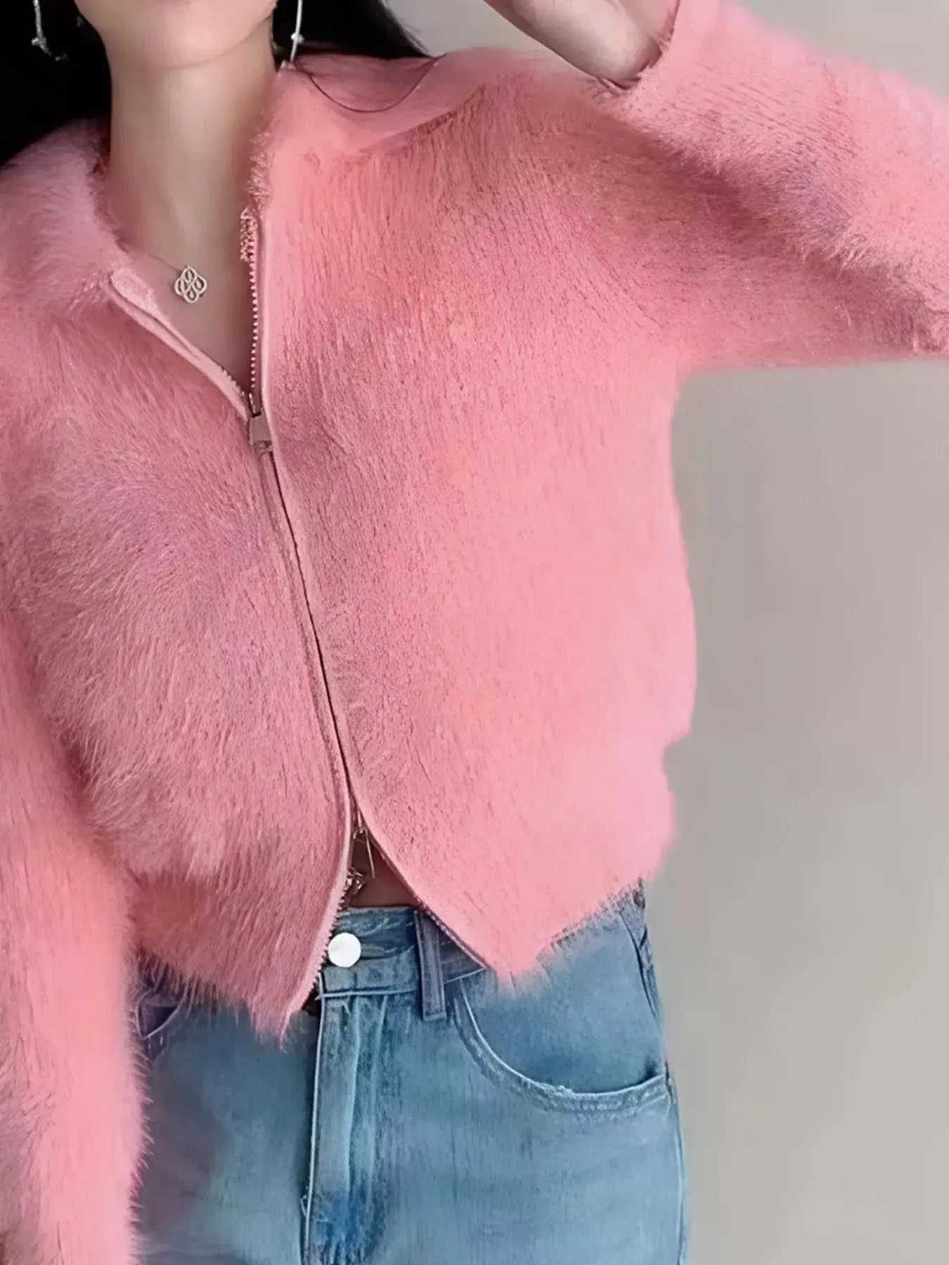 Fluffy Knit Zip-Up Outerwear Simply Love