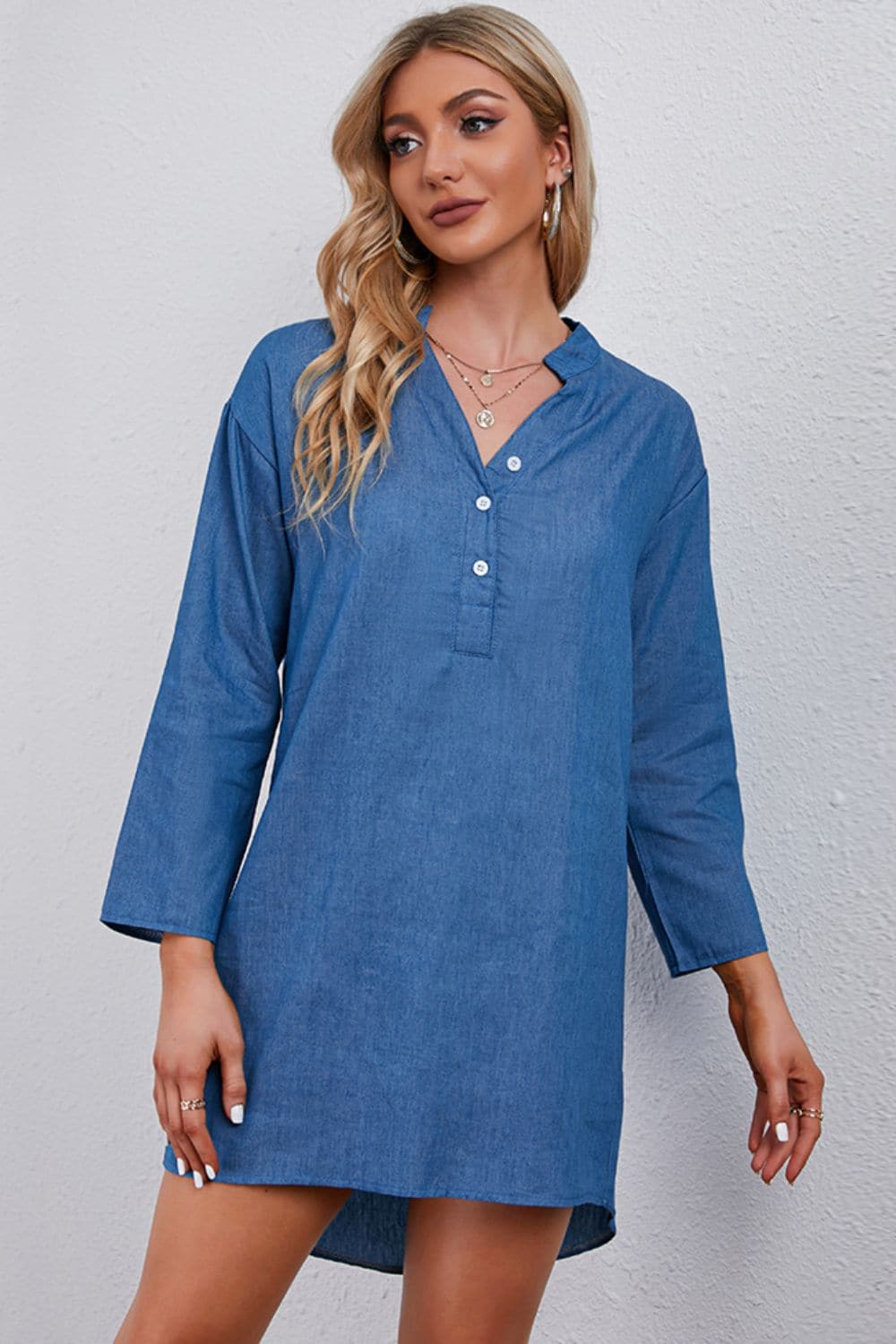 Half-Button Notched Neck High-Low Denim Dress.