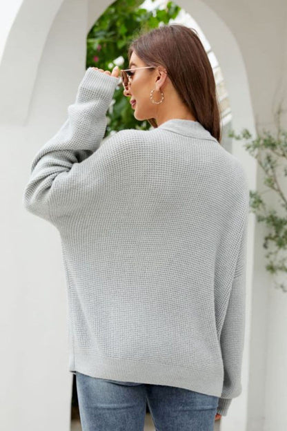 Waffle-Knit Dropped Shoulder Cardigan.