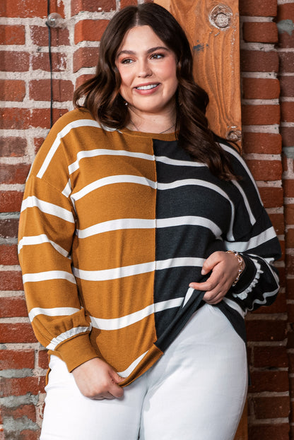 Trendy plus size striped colorblock loose-fit top