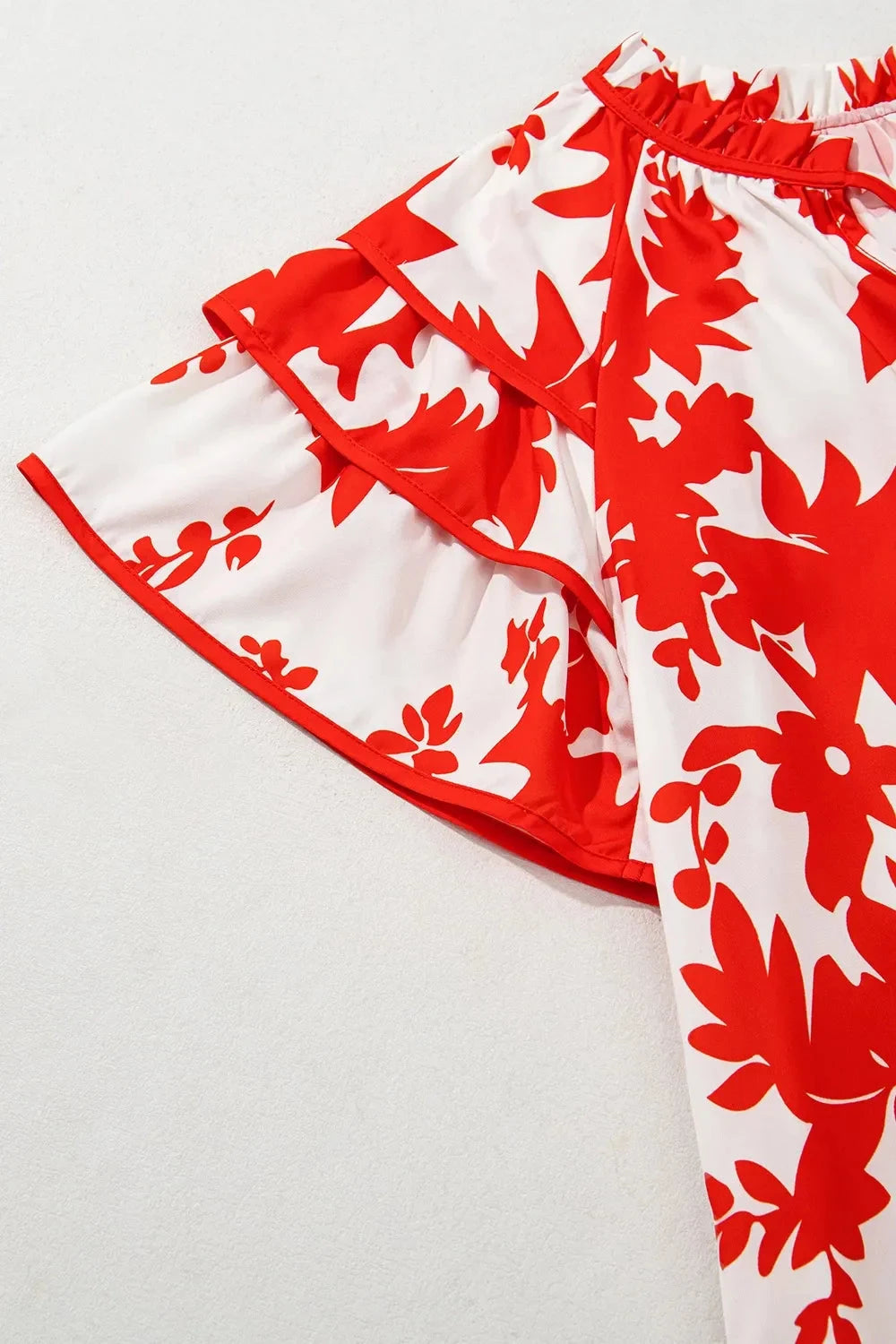 Plant Print Tiered Ruffled Sleeve Tie Neck Blouse Simply Love