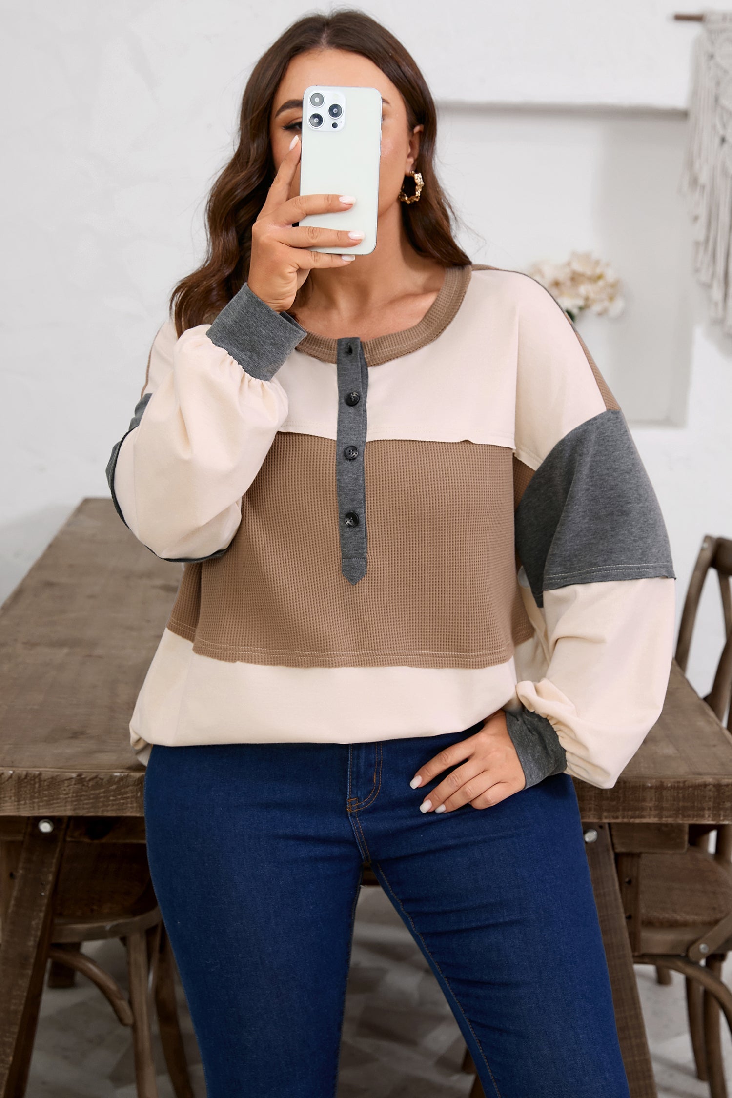 Jet Stream Waffle Patchwork Colorblock Plus Size Knit Jumper With Half Button Dear-Lover Dropshipping