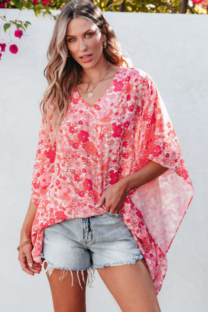 Pink floral boho kimono-style blouse with V neckline