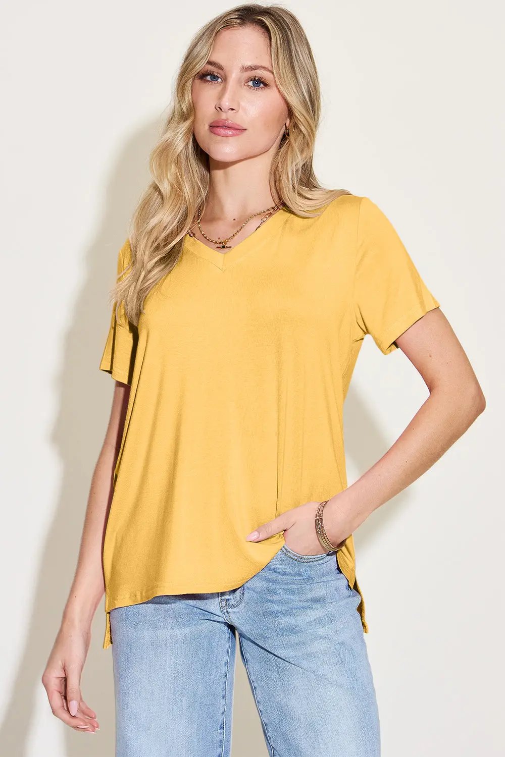 Basic Bae Bamboo Full Size V-Neck High-Low T-Shirt - Love Salve