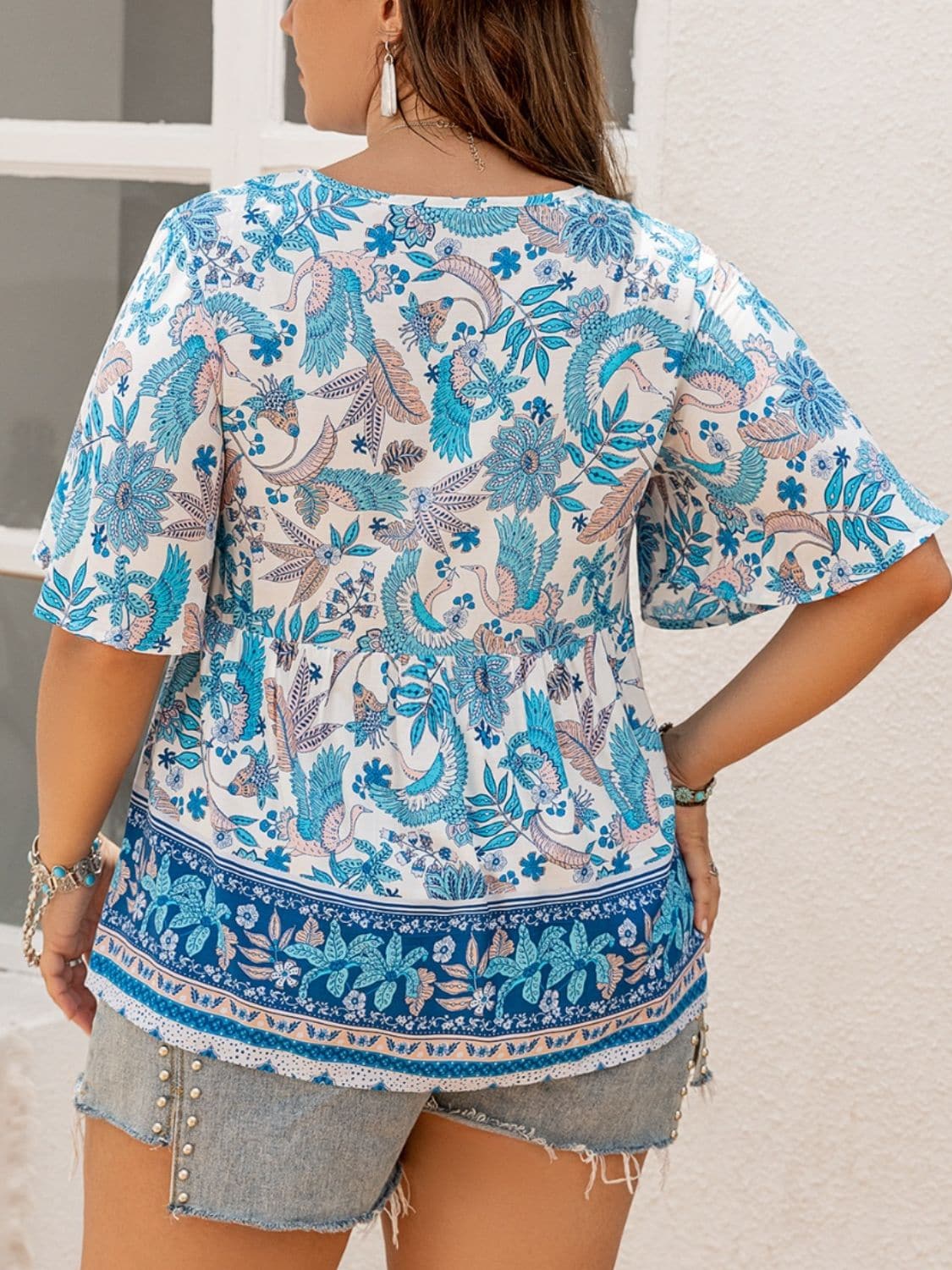 Plus Size Printed V-Neck Half Sleeve Blouse.