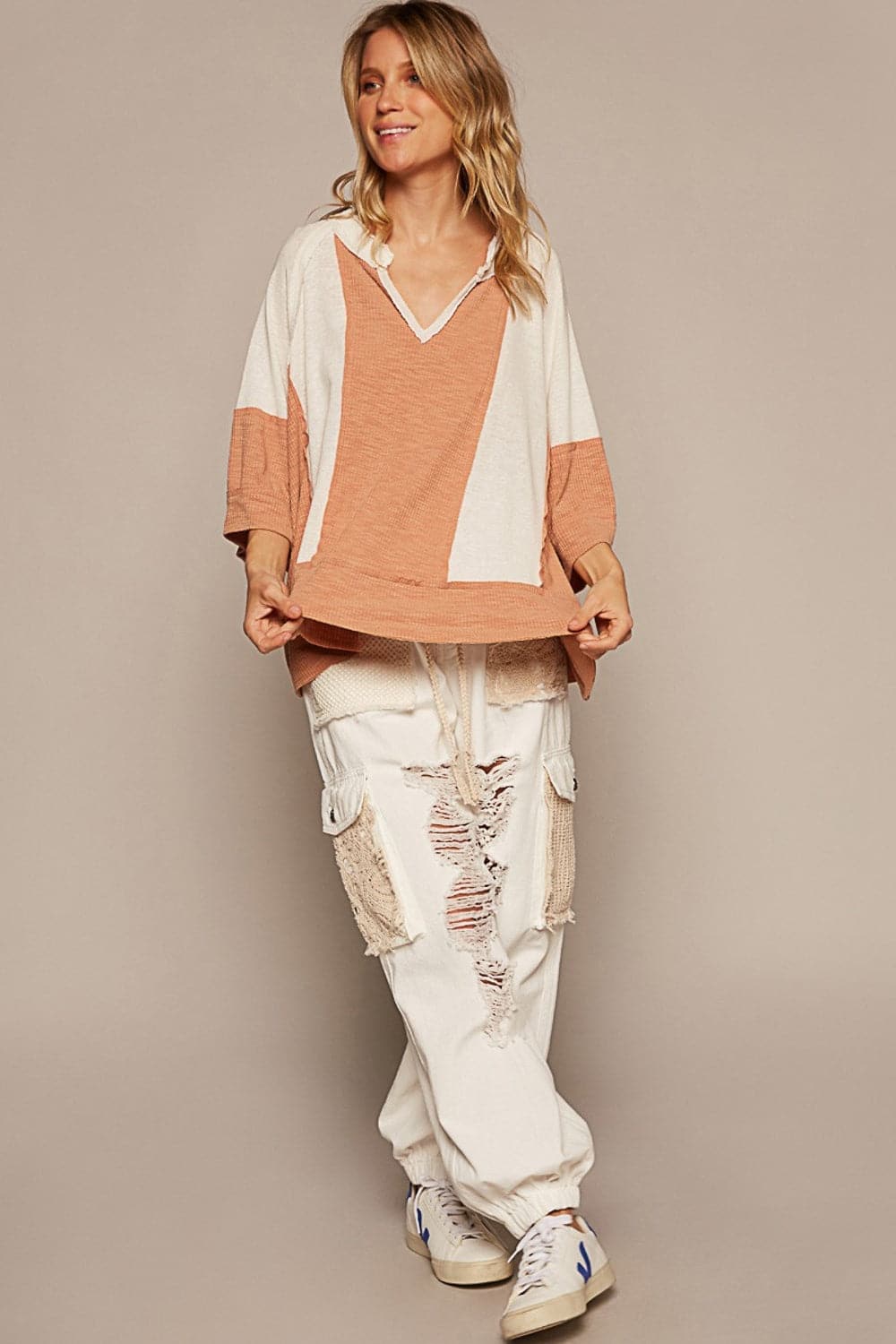 POL Notched Frayed Edge Contrast Top.