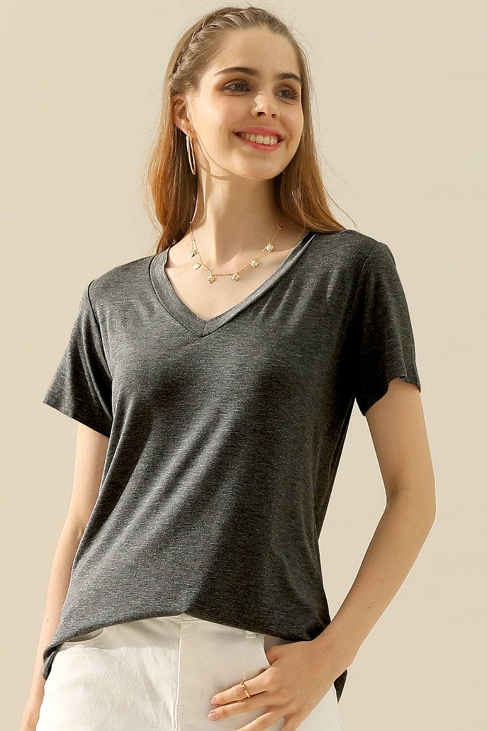 Ninexis Full Size V-Neck Short Sleeve T-Shirt.