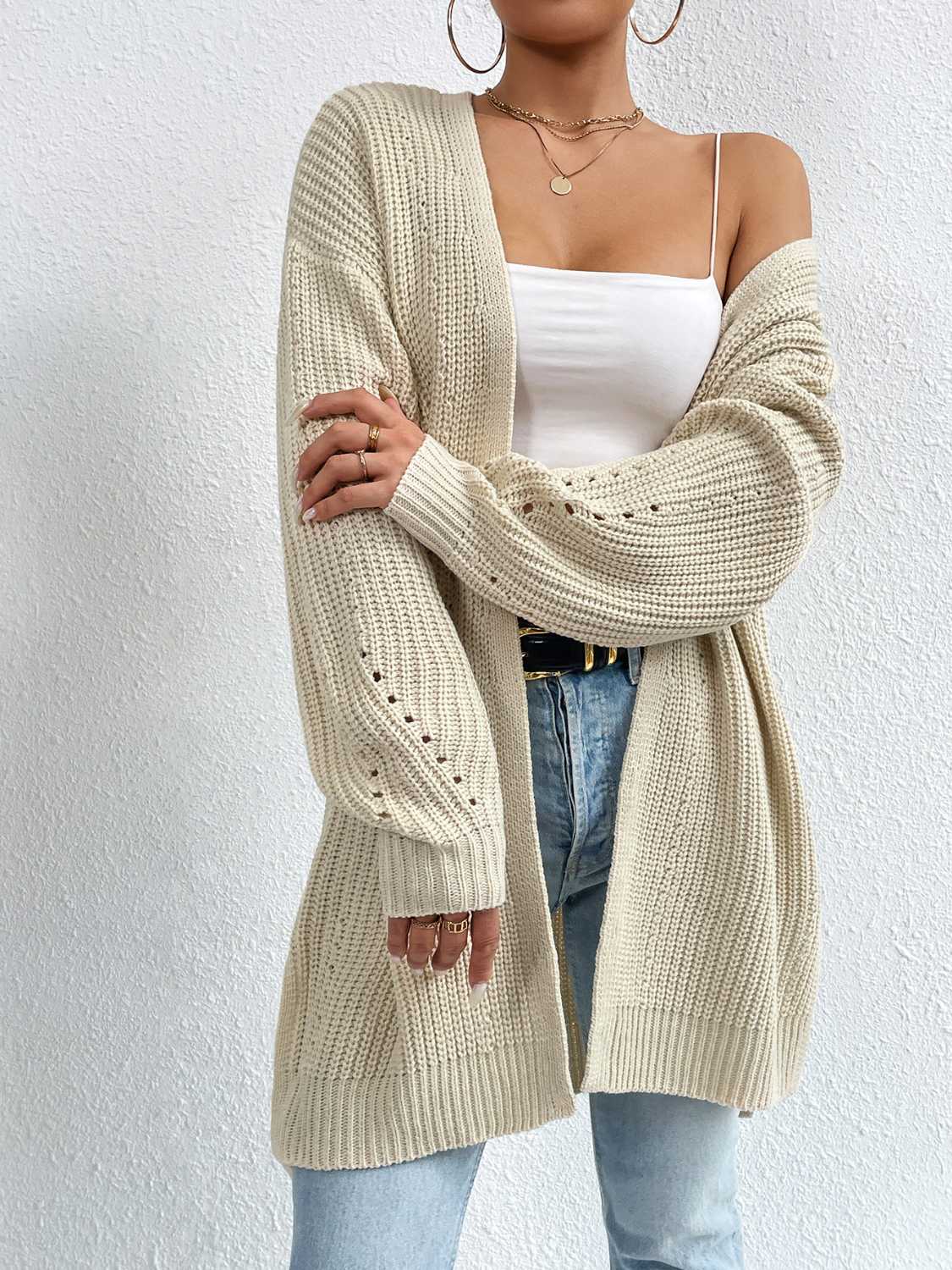 Open Front Dropped Shoulder Slit Cardigan.