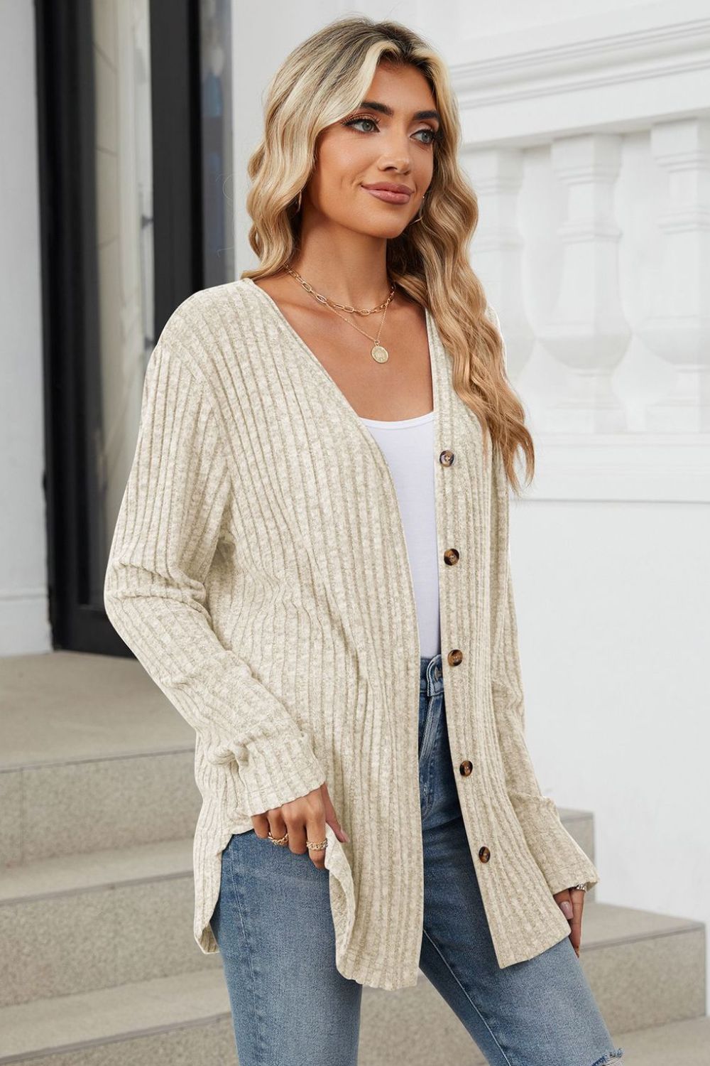 Ribbed Button Up Long Sleeve Cardigan.