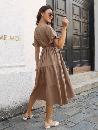 V-Neck Short Sleeve Midi Dress.