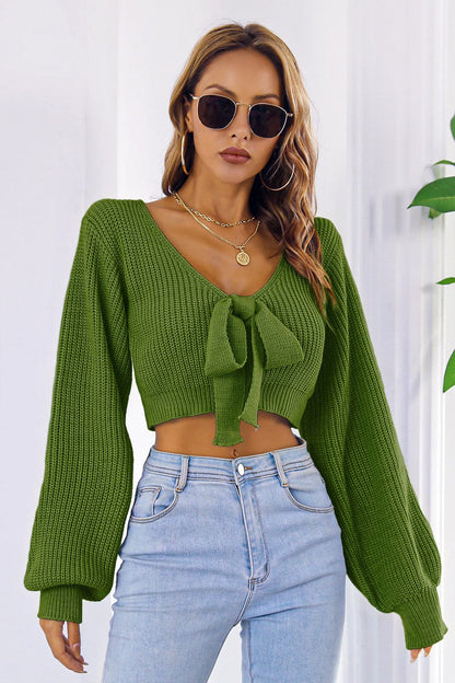 Bow V-Neck Long Sleeve Cropped Sweater.