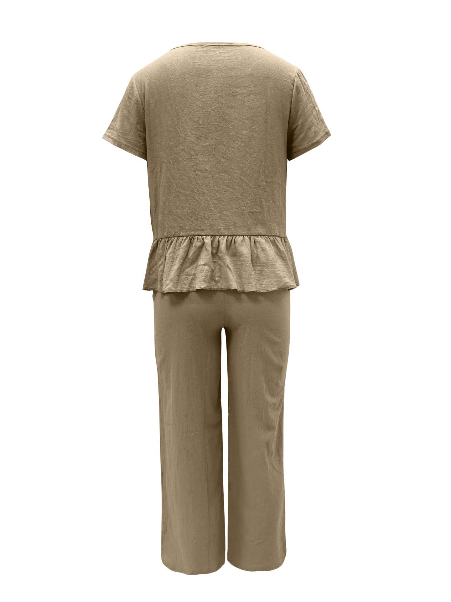 Peplum Round Neck Short Sleeve Top and Pants Set.