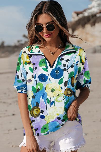 Light Blue Floral Print Slit V Neck Short Sleeve Blouse