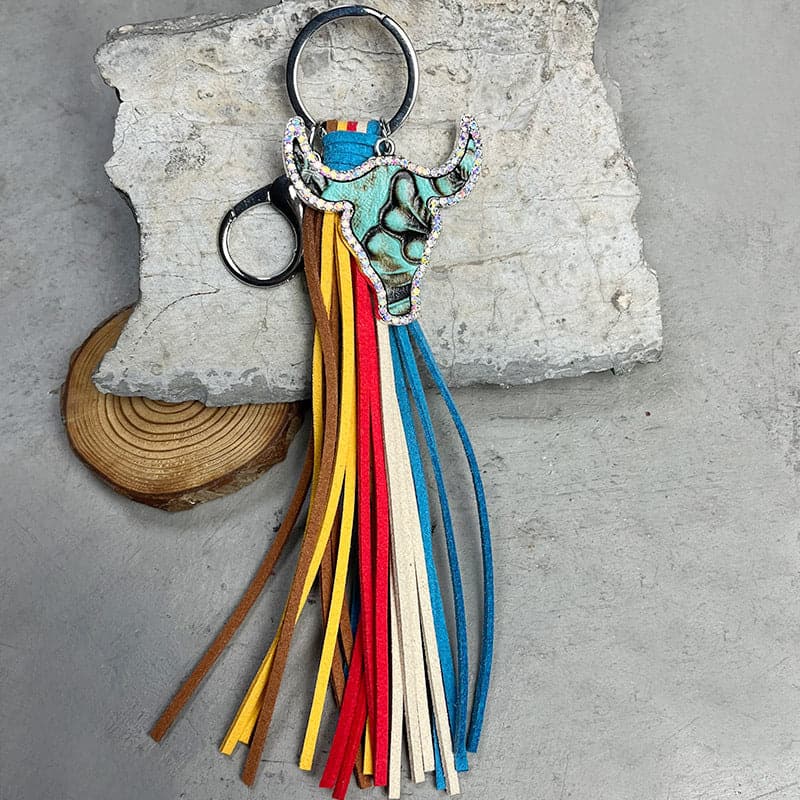 Rhinestone Bull Keychain with Tassel.