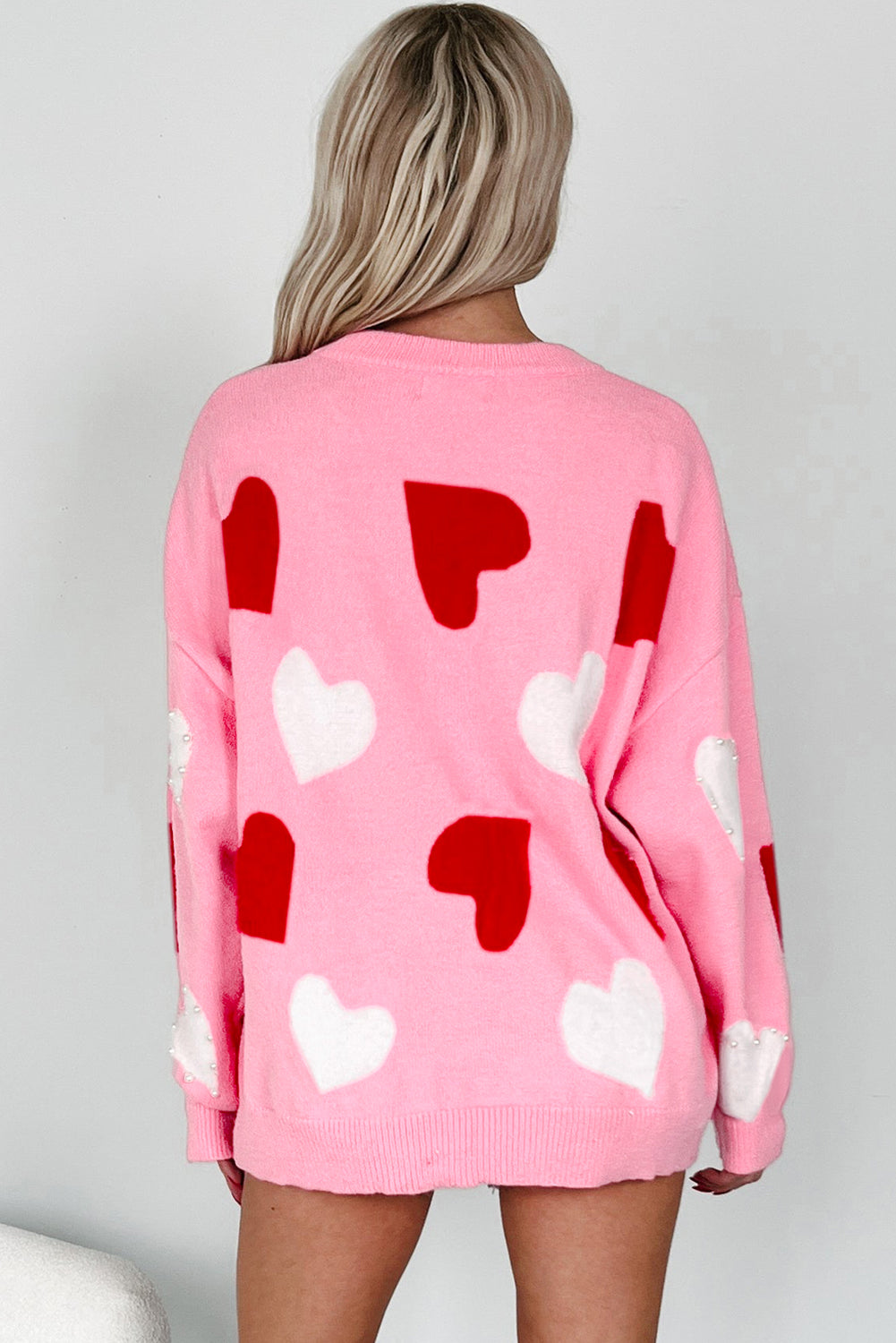 Pink Pearl Embellished Heart Pattern Valentines Day Sweater Dear-Lover Dropshipping
