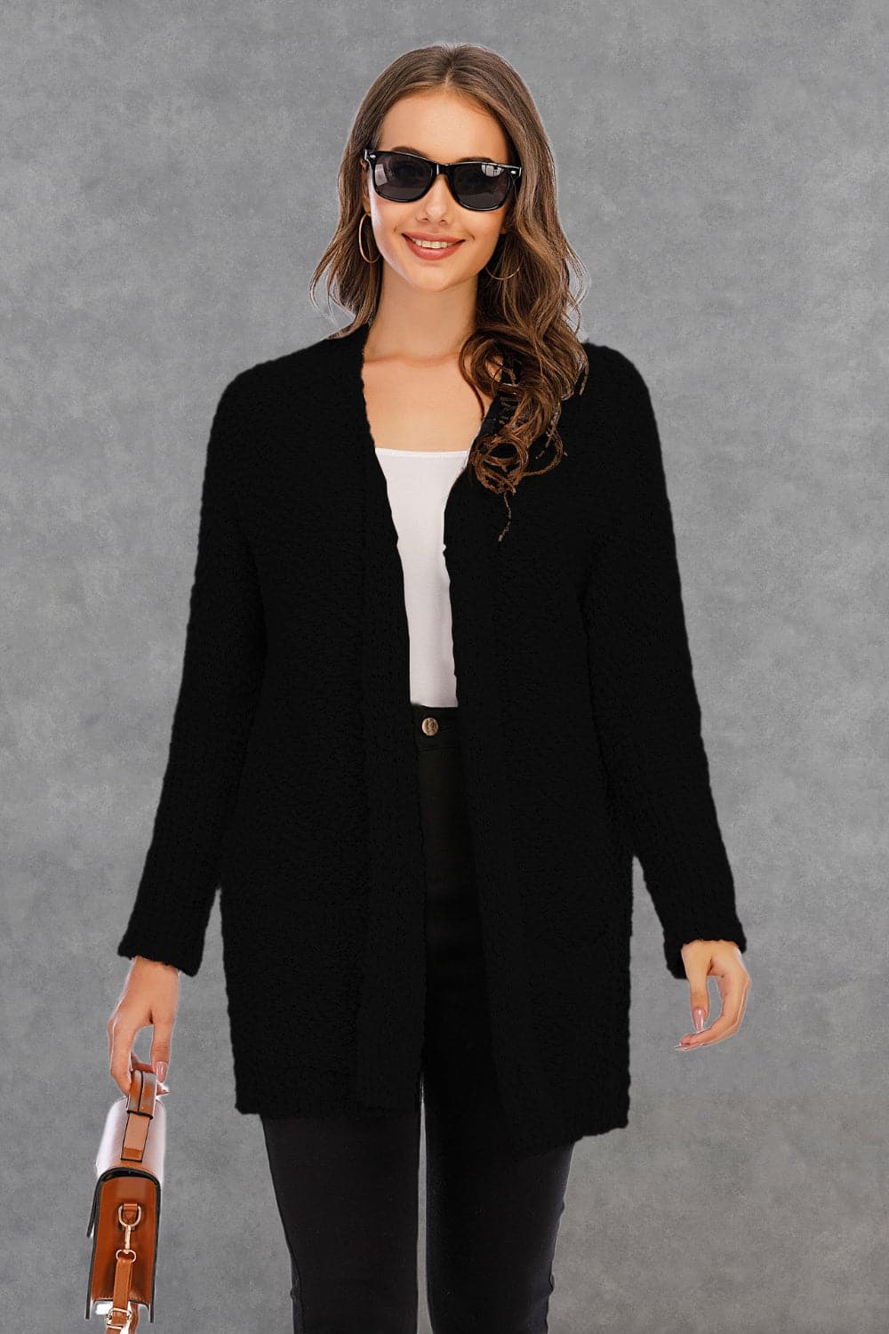 Pocketed Open Front Long Sleeve Cardigan.