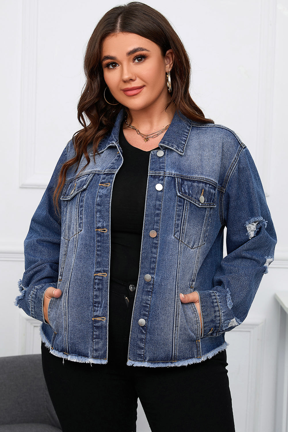 Chic dark blue plus size distressed denim jacket with flap pockets