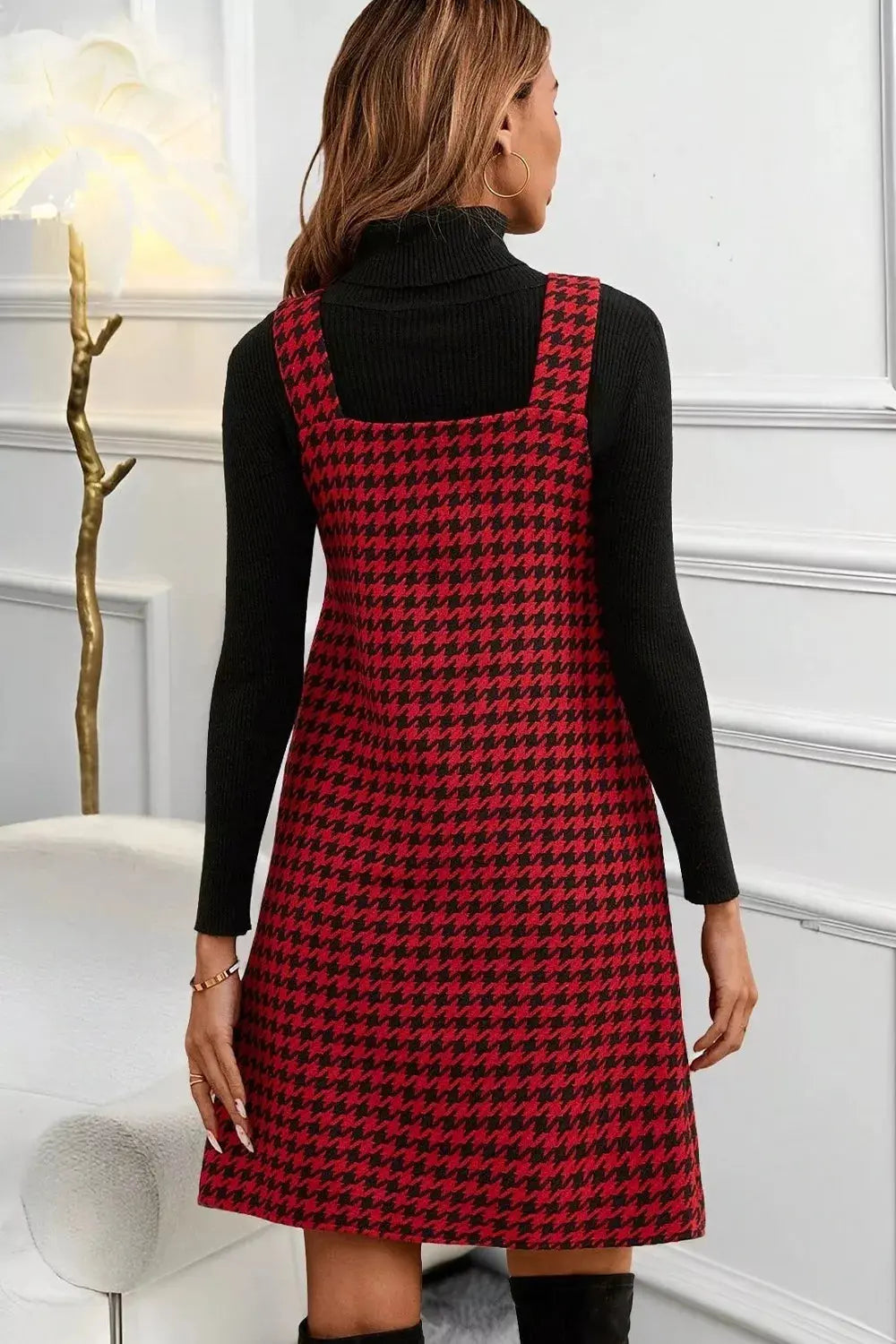 Houndstooth V-Neck Sleeveless Mini Dress Simply Love