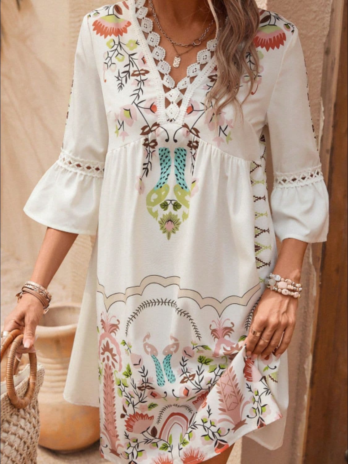 Lace Detail Printed Three-Quarter Sleeve Dress.