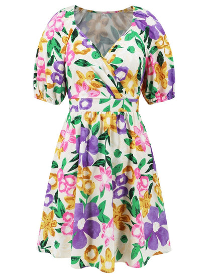 Printed Surplice Short Sleeve Dress.